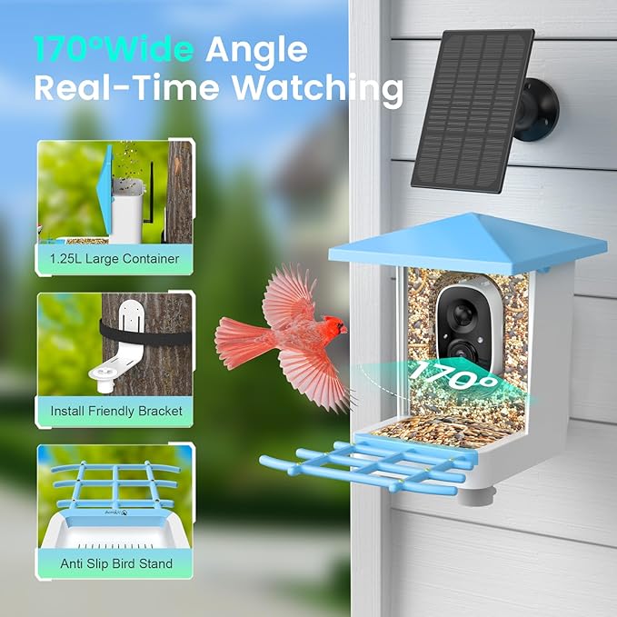 Smart Bird Feeder with Camera, AI Auto-Capture & Motion Detection, 5W Solar Panel, 170° View, Identify 16,000+ Birds, 2K HD Video, Ideal Gift for Outdoor Bird Watching(Blue)