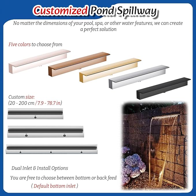 Pond Spillway 20-200CM Waterfall Overflow with 1M Soft Tube, Sealing Tape & PVC Connector, Wide Outlet 185cm/72.8in for Garden Water Features