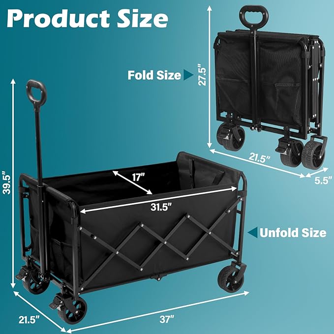 Collapsible Wagon Cart with Wheels Foldable: 500LBS Heavy Duty Folding Utility Wagon - Portable All Terrain Grocery Wagon Cart for Groceries Shopping Outdoor Camping Sports (Black-500Lbs)
