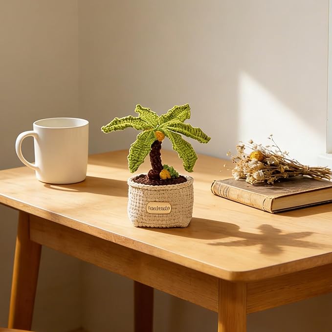 Handmade Crochet Bonsai Coconut Tree Potted Plant, Artificial Cactus Succulent, Realistic Miniature Desktop Plants, Cute Home Office Decor, Hand-knitted Cotton Yarn Gift (6 x 6 x 15 inches)