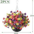 Artificial Flower & Eucalyptus with Hanging Basket - 2PCS Faux UV Sun Resistant Morning Glory in Planter, Fake Colorful Silk Flowers for Spring Summer Porch Patio Balcony Yard Decor (Mixed Color)
