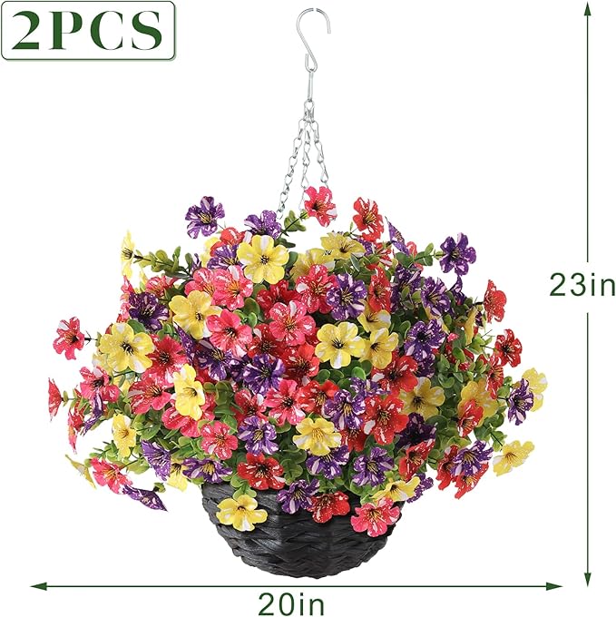 Artificial Flower & Eucalyptus with Hanging Basket - 2PCS Faux UV Sun Resistant Morning Glory in Planter, Fake Colorful Silk Flowers for Spring Summer Porch Patio Balcony Yard Decor (Mixed Color)