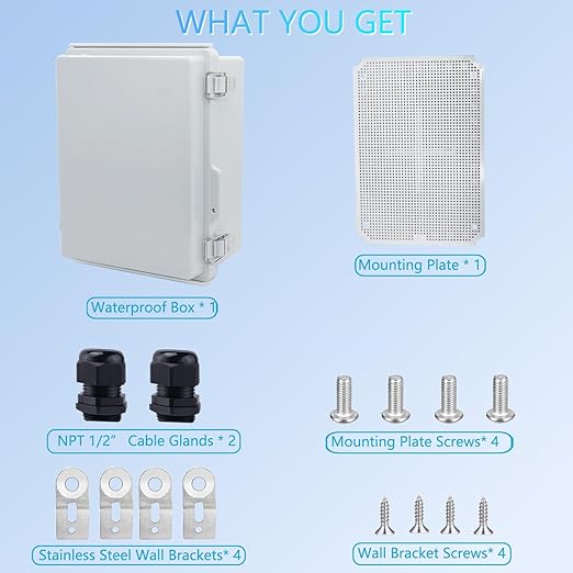 Waterproof Junction Box, ABS Plastic Electrical Box with Stainless Steel Latch, Hinged Cover Electric Project Enclosure Box with Mounting Plate, Wall Brackets 13.8"x9.8"x5.9"