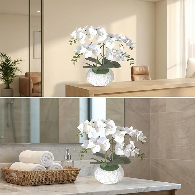 Artificial Orchid with 3D Printed Vase, 24 Stems Realistic Fake Phalaenopsis, Adjustable Silk Flowers for Home Decor, Wedding Table Centerpieces, 2 Bunches + White