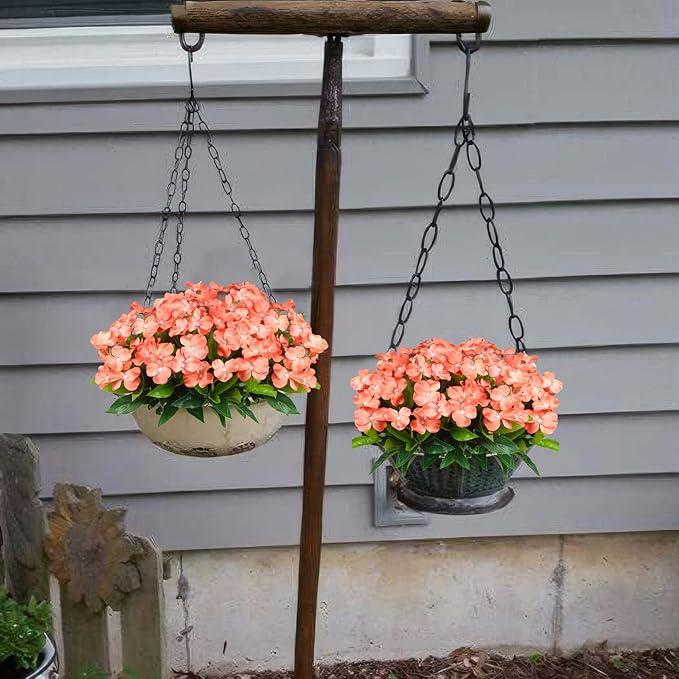 CITYES 4 Pcs Artificial Flowers Outdoor Impatiens UV Resistant Fake Silk Impatiens Flowers Orange Faux Flowers Impatiens Bushes Artificial Impatiens for Outdoor Planter Pot Hanging Basket Porch Decor