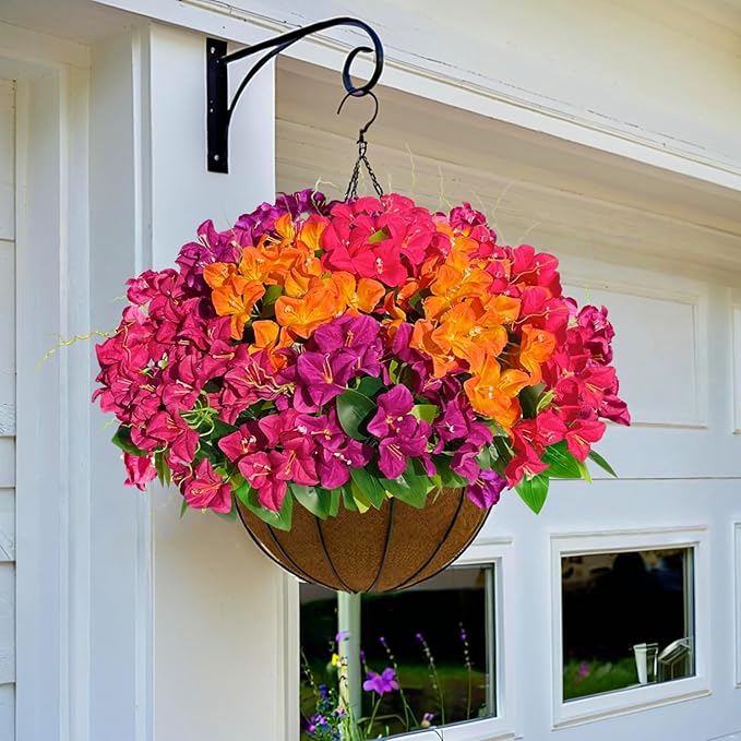 Spring Artificial Bougainvillea Flowers Fake Plants for Outdoors Porch Planters, UV Resistant Faux Realistic Silk Colorful Greenery for Summer Outside Patio Decoration, 8 Bundles