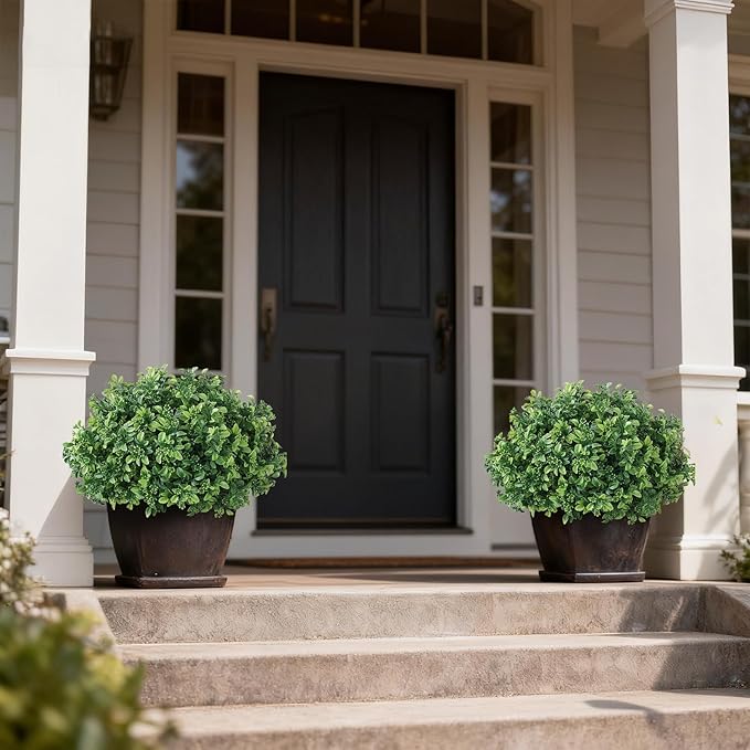 Set of 2 Artificial Boxwood Topiary Ball Trees for Front Door - Realistic Faux Aglaia Odorata Bush with Pot, Fake Eucalyptus Leaves Potted Plants for Porch Farmhouse Outdoor Decor (Green)