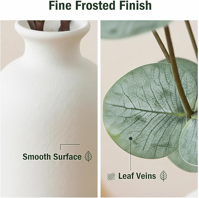 15" Artificial Eucalyptus Stems Potted Plant - Realistic Small Fake Desk Plants for Office Home Decor, Faux Plants in Frosted Ceramic Vase for Indoor Spaces, Wedding Centerpieces Table Decor（4pcs leaf
