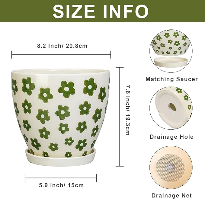 MPotTo 8.2 Inch Plant Pot - Ceramic Flower Pot Indoor with Drainage Hole and Saucer, Boho Round Decorative Planter for Indoor Plants, Housewarming Gifts, Office Garden Home Room Decor, White