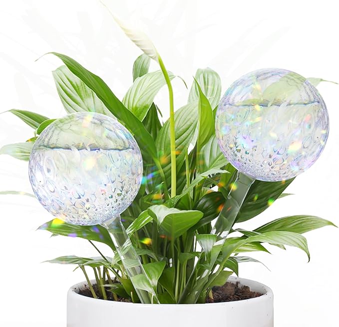 FLORA GUARD Plant Watering Globes, 2-PCS Water Globes for Indoor Plants, RainbowGlass Self Watering Planter Insert, Automatic Plant Waterer Bulbs Devices