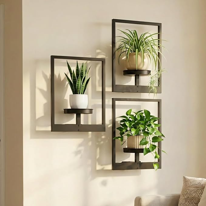 Picture Frame Wall Planters Set of 3, Modern Metal Hanging Shelves for Plants, Rustproof Wall Mount Flower Pot Holder for Indoor Outdoor, Decorative Plant Stand for Living Room Patio, Black