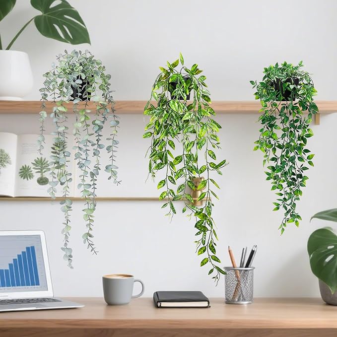 Fake Hanging Plants, 3pcs Artificial Small Potted Plants Fake Potted Greenery Faux Eucalyptus Mandala Vine Pea Pod for Home Indoor Outdoor Wall Garden Wedding Decoration