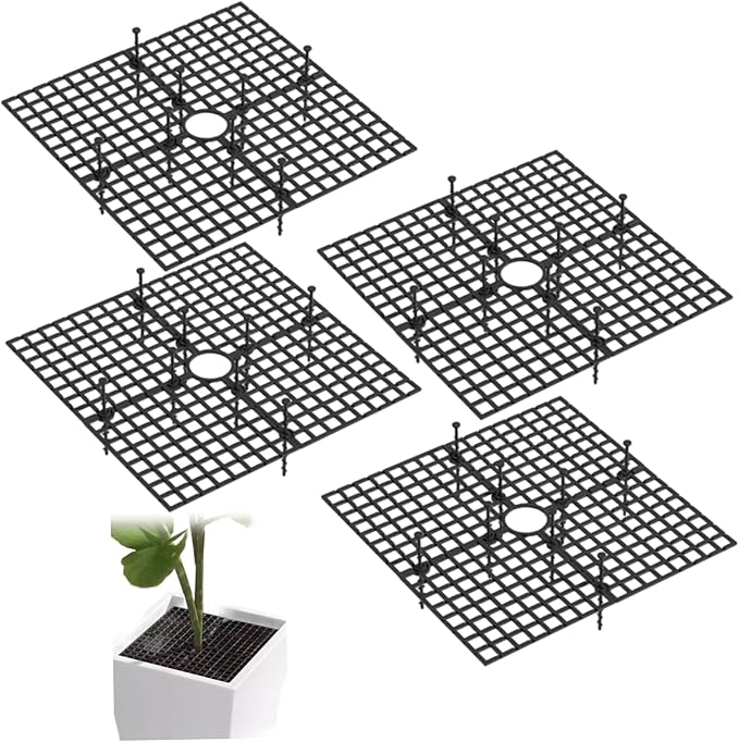 4Pcs Flower Pot Covers, 11.8 Inch Cuttable Plastic Square Squirrel Deterrent for Potted Plants with Stakes, Protective Pet Stopper & Baby Safety Plant Covers for Indoor Outdoor