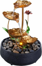 Tabletop Fountain Metal Lotus Circulating Fountain Water Feature for Zen Home Decor Warm Yellow Scene Light(23034)