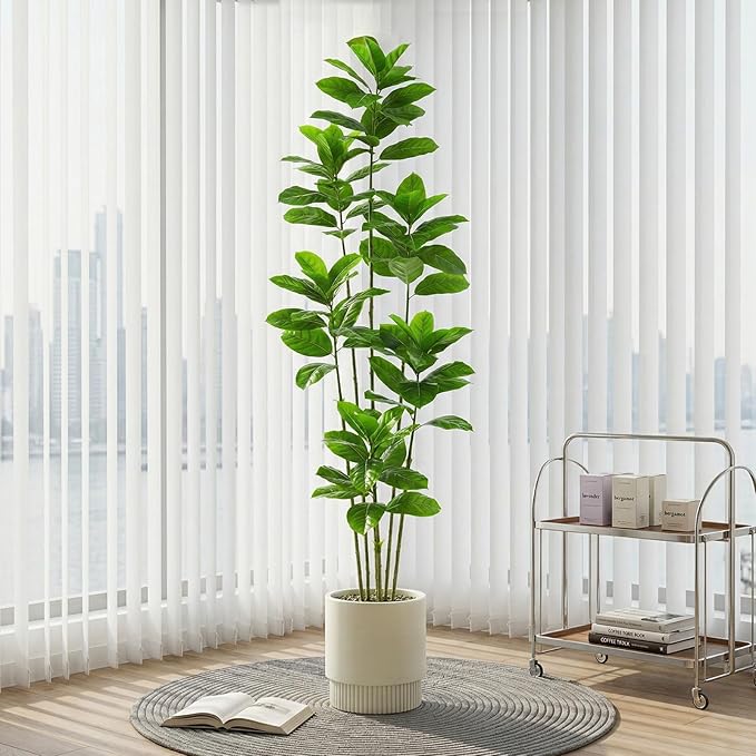 Ficus Tree Artificial Plants Indoor, 7FT Tall Fake Trees in White Pot, Large Potted Silk Floor Plant Artificial Trees, Green Lifelike Faux Ficus Tree for Home Room Office Porch Decor-Green
