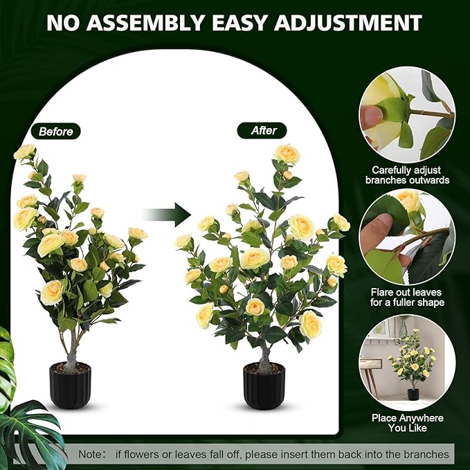 Hananona 2 Pcs Artificial Camellia Trees Faux Camellia Plant in Pot with Flowers Indoor Plants for Spring Home Decor Outdoor Porch Front Door Decor (Yellow, M)