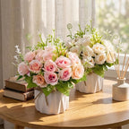 Artificial Flowers Fake Roses and Small CeramicVase,Artificial Plants & Flowers,Desktop Decoration，Suitable for Dining Tables, Living Rooms, bedrooms, Offices, Gifts, Weddings (Pink)