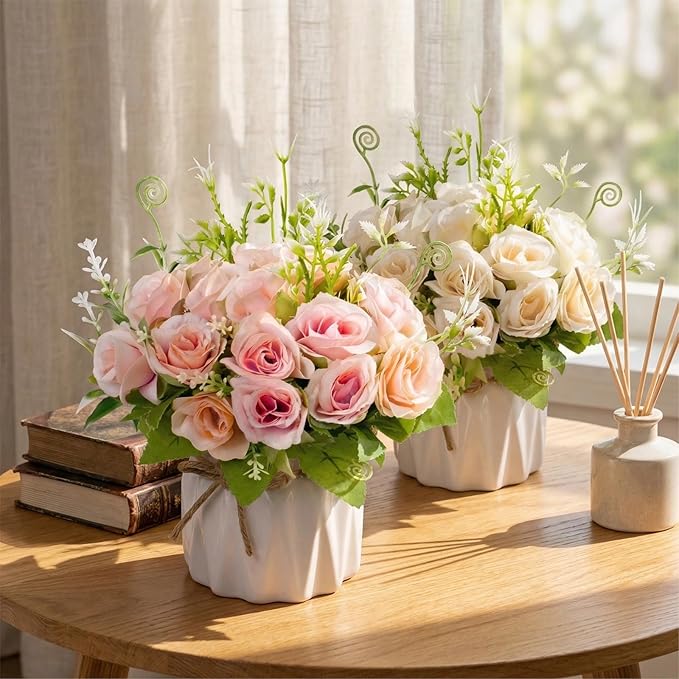 Artificial Flowers Fake Roses and Small CeramicVase,Artificial Plants & Flowers,Desktop Decoration，Suitable for Dining Tables, Living Rooms, bedrooms, Offices, Gifts, Weddings (Pink)