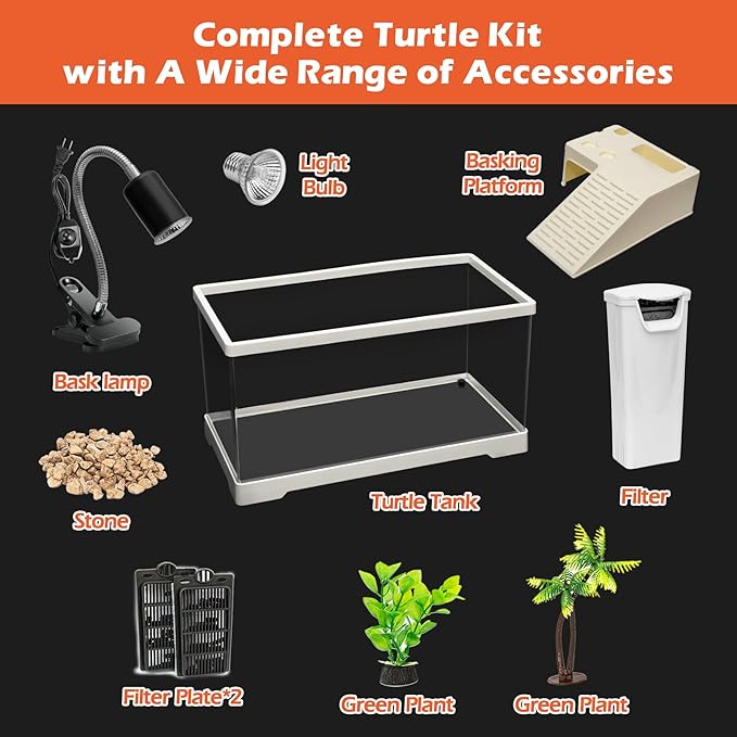 AZV Extra Large Turtle Tank Kit,Turtle Starter Habitat with Filter, Filter Plates,Basking Platform,Light,Stone,Plants,Durable PC Indoor Aquarium for Red Eared Sliders,Tortoises and Small Aquatic Pets