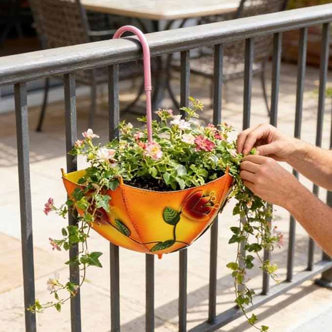Plant Umbrellas for Outdoor Plants, Farmhouse Umbrella Shaped Wall Hanging Planter – Metal Iron Art with Drainage Holes, No-Drill Rustproof Flower Pot for Yard, Patio, Balcony