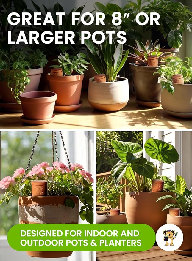8pc Olla Watering Spikes For Plant Watering With Lids - Automatic Terracotta Self Watering Spikes For Indoor Plants & Outdoor - Terracotta Watering Spikes For 8" Pots Or Larger Water Plants While Away