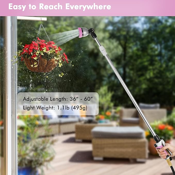 RESTMO 36”-60” Metal Watering Wand, Long Telescopic Tube | 180° Adjustable Ratcheting Head | 7 Spray Patterns | Flow Control, Perfect Garden Hose Sprayer to Water Hanging Baskets, Shrubs, Pink
