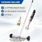 Toolwiz 15" Rolling Magnetic Sweeper 10lbs, with 16 lbs Telescopic Magnetic Pick Up tools –Lightweight Pick-up Sweeper with Wheels for Nails, Screws & Metal Debris Home Use Workshop Garage