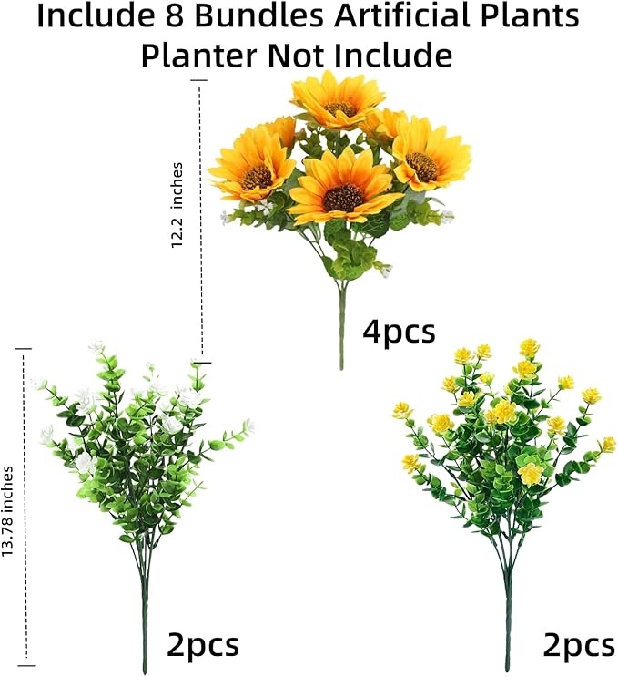 Artificial Sunflowers Faux Flowers Plants for Spring Outdoor UV Resistant, Fake Silk Realistic Yellow Sun Flowers for Easter Outside Porch Planters Patio Home Decoration, 8 Bundles