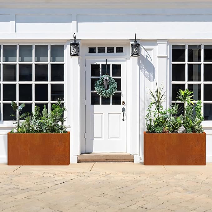 Co rten Steel Planters, 36X15X15 inch Large Rectangular Trough, All-Weather Rust-Resistant Design for Porch, Patio, Garden, Brown