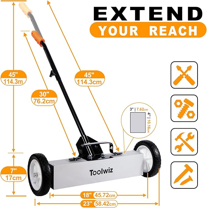 Toolwiz 18 Inches 26 Lbs Magnetic Sweeper Magnetic Pickup Tool with Wheels Telescoping Tool Holder with Quick Release Latch and Extension Handle Heavy Duty Metal Pick Up