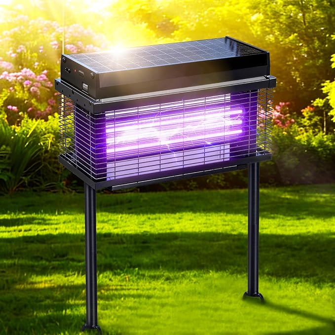 Solar Bug Zapper Outdoor, Purple UV Mosquito Zapper with Smart Rain Off Rechargeable Mosquito Killer Lamp, Wireless Solar Powered Fly Trap for Yard Patio RV (Black)
