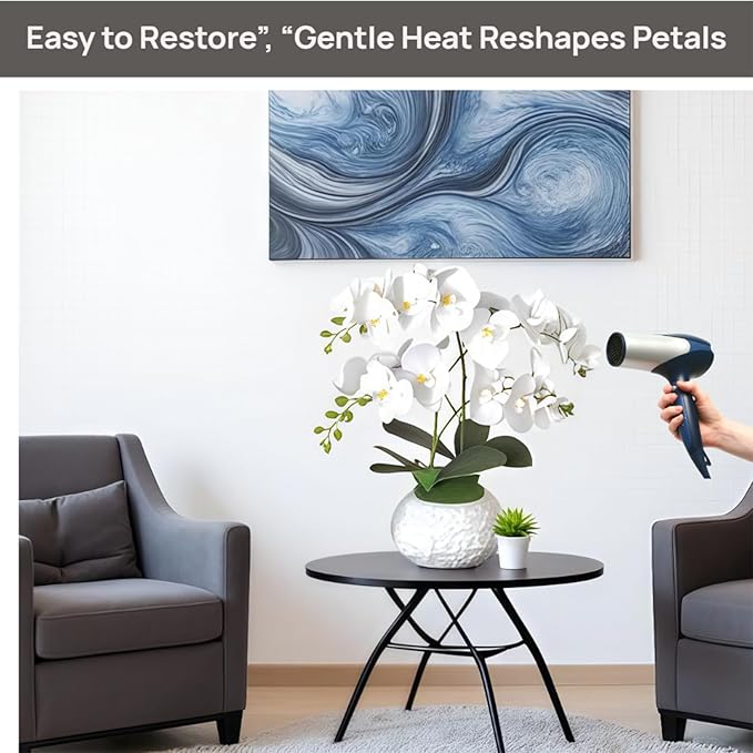 Artificial Orchid with 3D Printed Vase, 24 Stems Realistic Fake Phalaenopsis, Adjustable Silk Flowers for Home Decor, Wedding Table Centerpieces, 2 Bunches + White