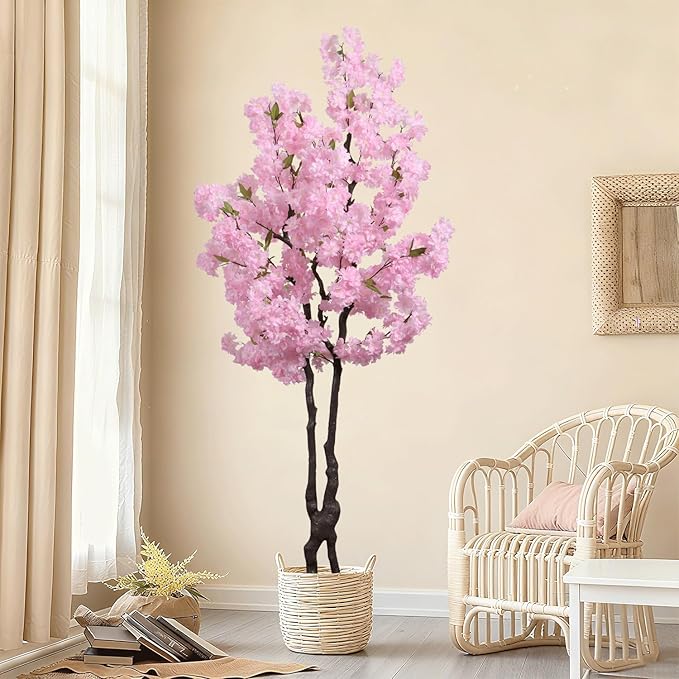 Faux Pink Cherry Blossom Tree 6ft(72in) Tall Artificial Japanese Sakura in Pot Realistic Cherry Plant Decor Handmade Natural Fake Pink Flower Tree for Wedding,Living Room,Spring Decor
