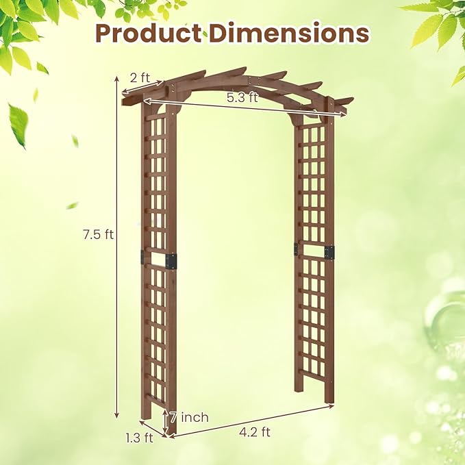 Giantex 7.5FT Wood Garden Arbor Trellis, Wooden Wedding Arch for Ceremony Party, Outdoor Archway Pergola for Climbing Plants, Pathway, Yard, Garden Decor, Easy Assembly (Dark Brown, 63''W x 90''H)