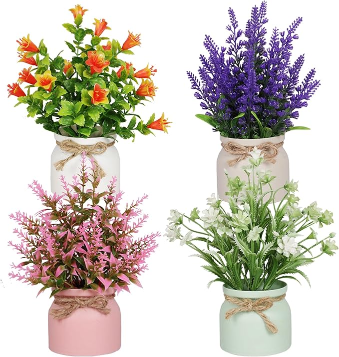 Yoratee 4pcs Artificial Pot Flowers Small Fake Plants with Pot Mini Potted Plants for House Office Tabletop Decoration