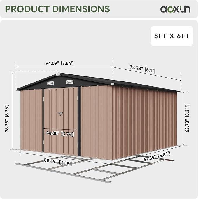 Aoxun 8'x6' Outdoor Storage Shed with Base Galvanized Steel Metal Garden Shed for Patio, Lawn & Garden Brown