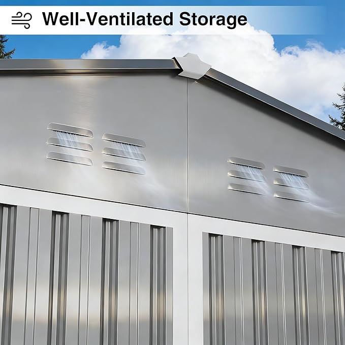 14 x 12FT Sheds & Outdoor Storage,Grey Metal Waterproof Storage Shed with Door and Lock Outdoor Shed,All-Weather Shelter for Bike, Gardening Tools, Lawn Mowers
