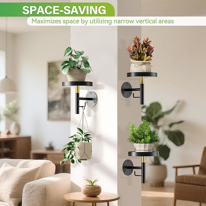 DELLAN Wall Plant Holder, 3 Pack Metal Wall Planters Stand Hanging Shelves for Indoor Plants, Window Sill Plant Decor for Bedroom, Bathroom, Living Room, Home, Office, BlackGold