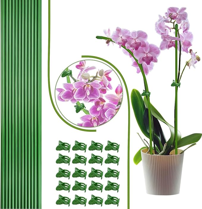 22Pcs Plant Stakes with 22 Pcs Clips, 15.8 inches Bendable Green Plant Sticks for Indoor and Outdoor Plants,Potted Plants,Single Stem Flower Support for Orchid Peony Rose (22, Green)