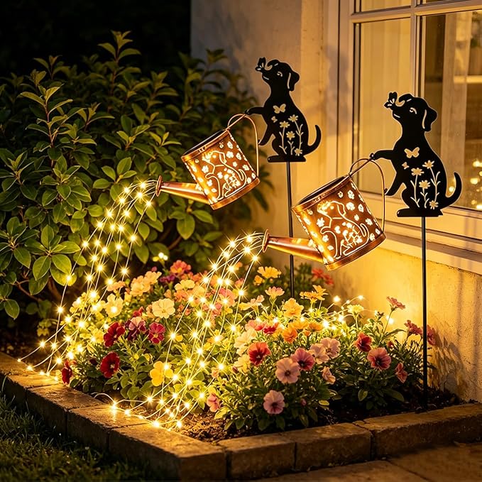 Solar Watering_Can Lights for Outside, 2Pack Watering_Can with Cascading Lights Shepherd's Hook, Metal Dog Statue Silhouette, Gardening Gifts for Women, Yard Decoration Outdoor and Garden Backyard