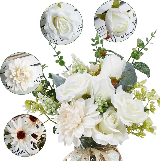 CEWOR Fake Flowers in Vase, Artificial Flowers Arrangement in Vase, Fake Floral Table Centerpieces Decor for Kitchen Farmhouse Coffee Table Living Room Bathroom Plant Decor