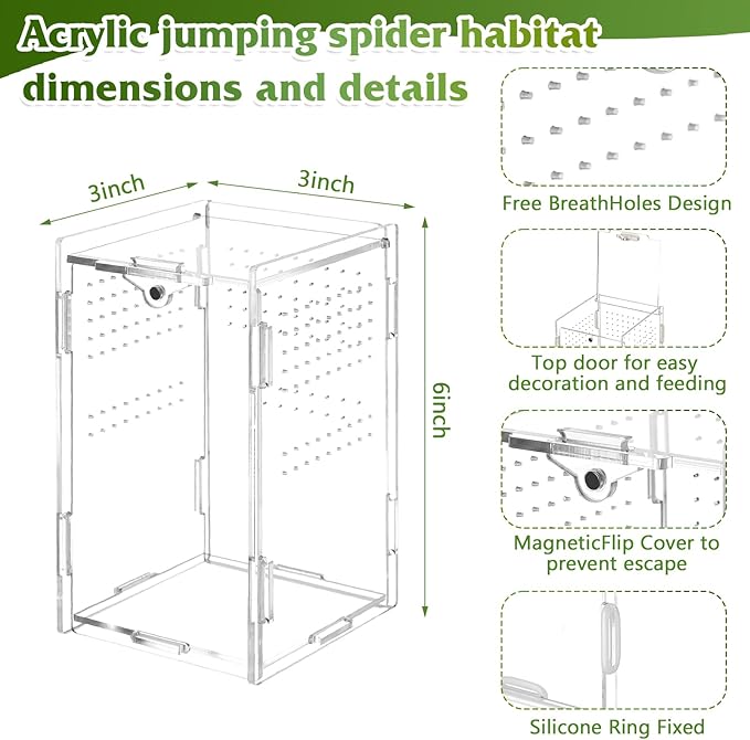 Jumping Spider Enclosure with Habitat Mini Figurines Set Acrylic Terrarium Habitat Mini Jumping Spider House Decorations for Tarantulas Snail Mantis Small Reptiles (Top Opening Door)