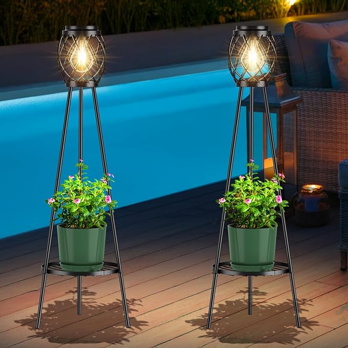 MXwcy 2 Pack Solar Lights Outdoor with LED Edison Bulbs, Vintage Style Solar Floor Lamp with Plant Stands, Weatherproof Garden Lights for Pathway, Patio, Yard, Porch Decor 8-10 Hours Lighting