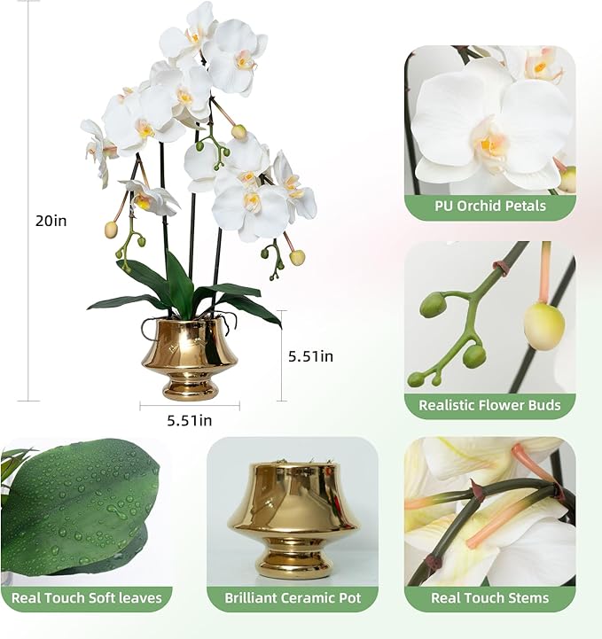 CXGS Orchids Artificial Flowers Realistic Fake Flowers in Ceramic Vase 20" White Faux Plants Indoor Lifelike Soft PU Phalaenopsis for Centerpiece Hotel Home Decor