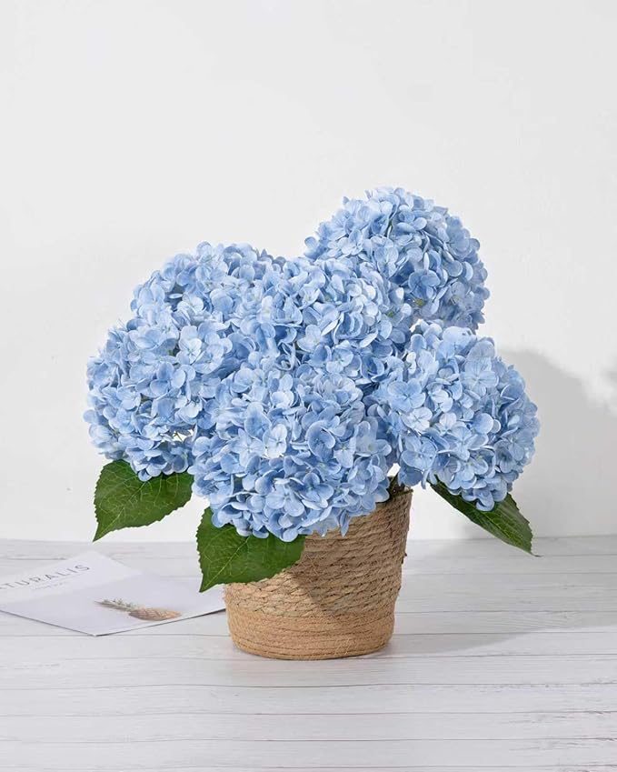 DuHouse 4Pcs Large Hydrangea Artificial Flowers,Latex Real Touch Hydrangeas Lifelike Hydrangea Flower for Home Wedding Bouquets Centerpieces Party Living Room Decoration(Blue)