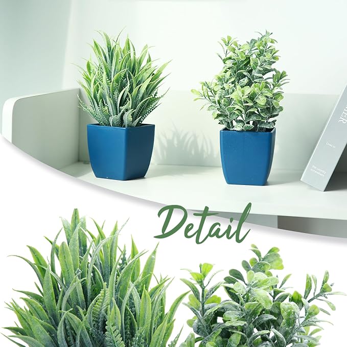 summer flower 2 Pack Fake Plants in Pot Small Artificial Eucalyptus Potted Plant Faux Rosemary in Pot Greenery for Home Decor Indoor Office Shelf Table Desk Bathroom Decoration (Blue-2)