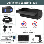 All-in-1 Pond Waterfall Kit | 40W 850GPH Pond Filter Pump with 12" Stainless Steel Spillway | Remote Control LED Lights | 4-Stage Filtration System for Backyard Garden & Outdoor Water Feature