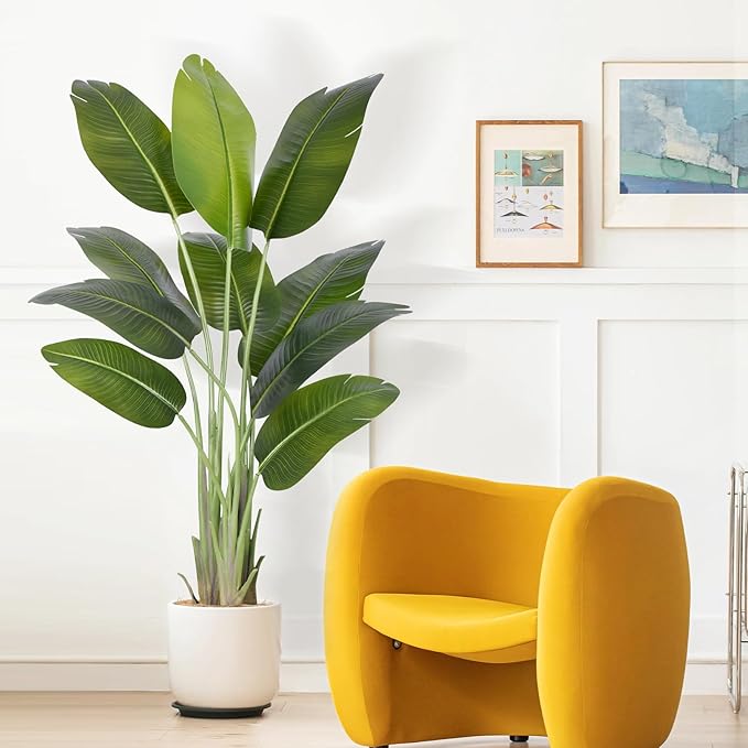 Artificial Bird of Paradise Plant 5Ft Tall Fake Tropical Palm Tree Large Fake Plants with 10 Silk Banana Leaves Faux Plant Indoor Decor Trees with White Pot for Home Bedroom Living Room Office