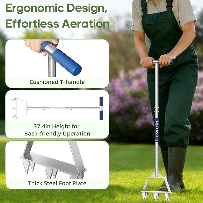 Manual Lawn Aerator Spike Tool, Semi-Assembled, Non-Clogging Spike Aerator with 6 Steel Spikes, Ergonomic Handle & Reinforced Welding for Compacted Soil Loosening & Yard Aeration - Blue