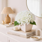 Artificial Hydrangea Flowers Arrangement in Wood Planter, 4PCS Fake White Flowers in Wooden Vase Potted Floral Centerpieces for Tables Living Room Home Office Room Shelf Kitchen Decor